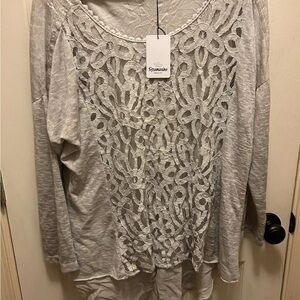Rosemarine Sz 1X Lace & Sequin Detail Gray Blouse Made In Italy NWT!!